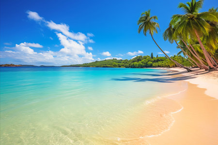 Tropical Paradise Retreat. Pristine Beaches, Crystal Clear Waters, and Serene Palm Treesの素材