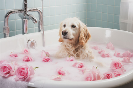Foamy Paradise. Adorable Golden Retriever Enjoys a Relaxing Bath Surrounded by Bubbles and Rosesの素材
