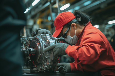 Skilled Female Mechanic Expertly Repairing Auto, Showcasing Expertise in Automotive Industryの素材