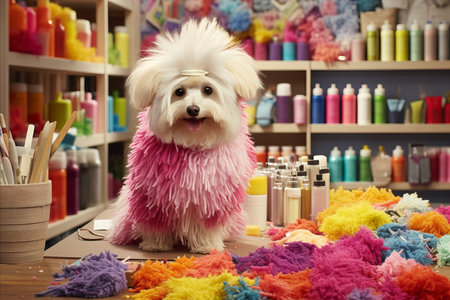 Exquisite poodle adorned in a fashionable grooming style, captured at a renowned dog salonの素材