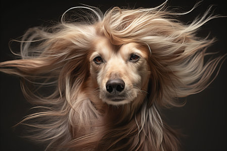 Stunning Portrait of a Magnificent Dog with Exquisitely Flowing Luxurious Long Fur. Elegant and well groomed hairstyleの素材