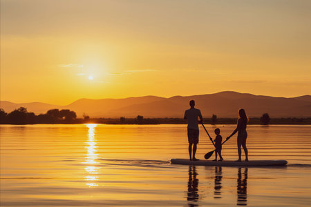 Serene Silhouettes of a Happy Family Stand-Up Paddleboarding at Sunset, Embracing Natures Splendorの素材