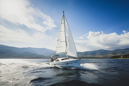 Luxury Yacht Sailing in Open Sea with Stunning Mountain Backdrop, Clear Blue Sky, and White Cloudsの素材