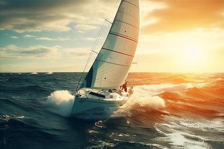 Mesmerizing Extravagant Luxury Yacht Sailing in the Boundless Open Seas at Majestic Sunsetの素材