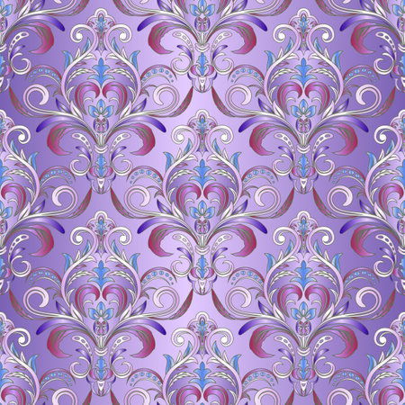 Damask seamless pattern for design. Purple, lavender. Vintage ornamental template with pattern.のイラスト素材