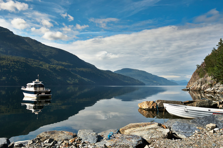 Peaceful morning on the fjordの写真素材
