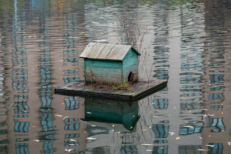 Old green duck house in a city lakeの写真素材