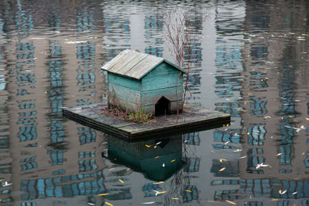 Old green duck house in a city lakeの写真素材