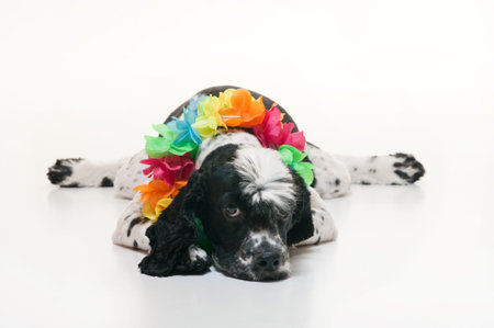 A black and white Cockalier Spaniel dog  half Cocker Spaniel and half Cavalier King Charles Spaniel   He is lying down and wearing a Hawaiian lei and looks exhausted, perhaps from partying too much  の写真素材