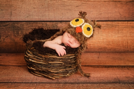1 week old newborn girl wearing a brown owl hat and sleeping in a nest の写真素材