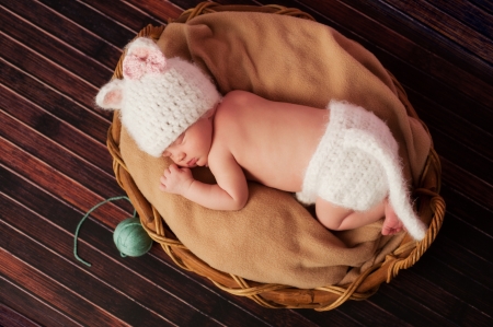 Overhead view of a 13 day old newborn baby girl wearing a white, crocheted kitten costume and sleeping on her tummy in a basket.の写真素材