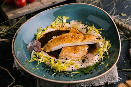 Chicken steak with mashed potatoes and salt side viewの写真素材