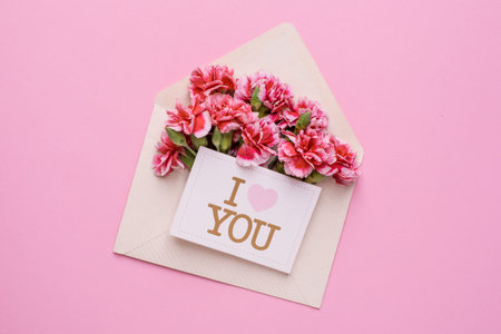 An envelope with pink flowers and a card I love you on a pink background top view
