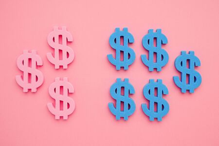 American dollar symbol on pink background,blue and pink money minimal flatlay top viewの写真素材