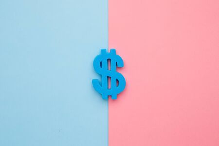 American dollar symbol on blue and pink background, minimal flatlay top viewの写真素材