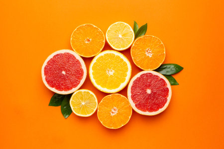 Citruses fruits on orange background, fruit flatlay, summer minimal compositon with grapefruit, lemon, mandarin and orange. Summer color , harvest top view, cutting fruitsの写真素材