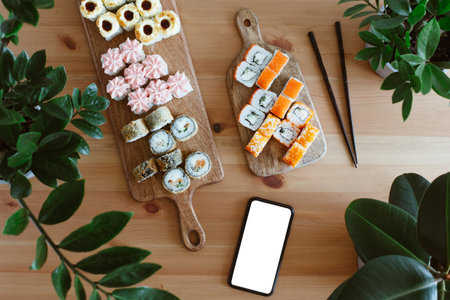 Japanese home delivery kitchen, rolls and mobile phone on a wooden background top viewの写真素材