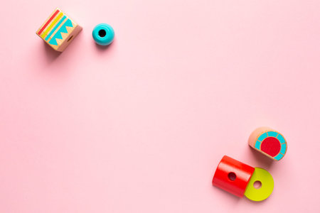 Colorful wooden constructor for children. Preschool education concept with details, screwdriver and...