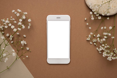 Mobile phone with white screen and dry flower branch and stone on a light brown background. Trend,...
