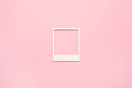 Moodboard template composition with blank photo cards, torn paper, frame glued on pink pastel backgroundの写真素材