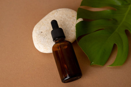 Brown glass bottle dropper with cosmetic oil with monstera plant and stone on terracotta background,...