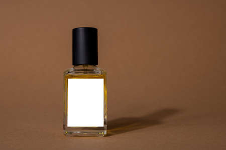 Perfume bottle with dry branch,mock up top view. Perfume with bottle and vase over brown background mock up.の写真素材