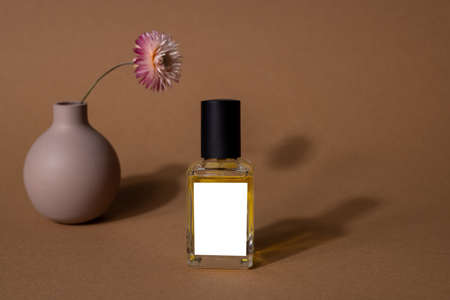 Perfume bottle with dry branch,mock up top view. Perfume with bottle and vase over brown background mock up.の写真素材