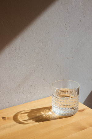 A glass with clean clear water and sharp shadows stands on a wood table on gray wall background side viewの写真素材