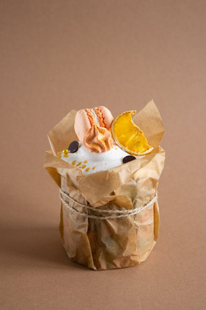 Easter cake isolated on white background, closeup view. Traditional Easter cake decorated with...