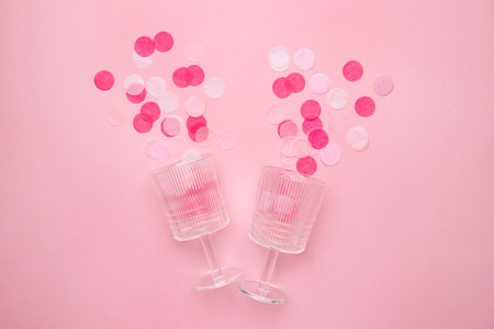 Champagne glasses with pink confetti on pink color paper background minimal style. Flat lay composition for birthday, mother day or wedding top viewの写真素材