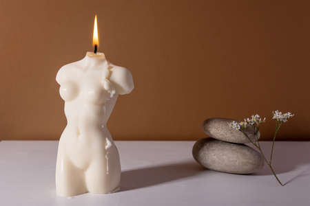 Candle in woman torso shape in brown interior with stone and dried flowers, autumn atmosphereの写真素材