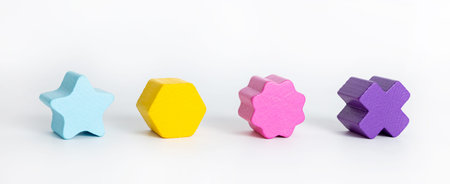 Educational concept. Colorful wooden block geometric figure isolated on white backgroundの写真素材