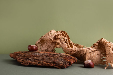 Natural background podium for cosmetic products created from wood, bark and paper on green background.Creative modern still lifeの写真素材