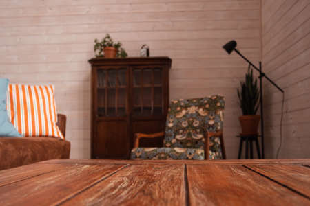 Wooden brown table in home vintage interior and furniture in wooden houseの写真素材