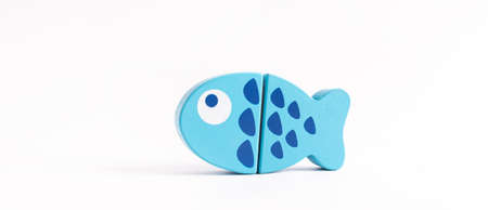 Food toy fish on white background. Creative wooden design. Child development. Kids play.の写真素材