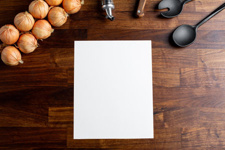 Hipster cafe menu empty mock up for concept design. Business concept. Template design. Information concept with kitchen objects on wooden tableの写真素材
