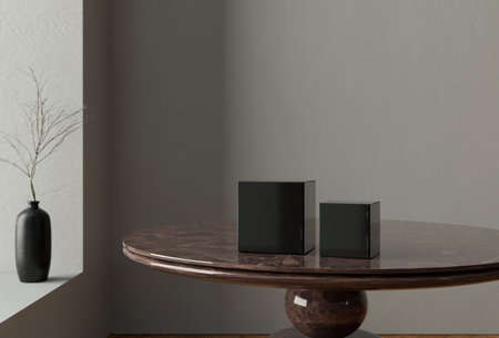 Paper box 3d mockup on table in grey interior background. Shape render background. Grunge gray background.の写真素材