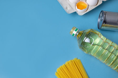 Food shortage, eggs, butter, wheat, pasta. Healthy food set.Basic necessities, rise in price due to...