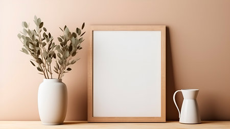 Empty wooden picture frame, poster mockup hanging on beige wall background. Vase with green eucalyptus tree branches on table , generated AIの素材