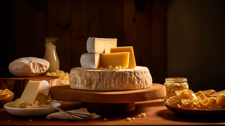 Closeup of red assorted cheeses table on soft dark background. Italian food. Delicious food generated AIの素材