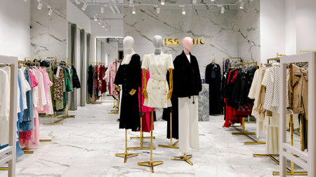 Moscow,Russia 03 14 2024 Clothes magazine shop in Paveletskaya plaza station , man and women modern clothes mannequin shoppingのeditorial素材