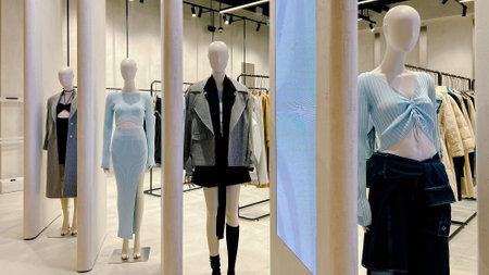 Moscow,Russia 03 14 2024 Clothes magazine shop in Paveletskaya plaza station , man and women modern clothes mannequin shoppingのeditorial素材