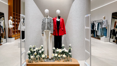 Moscow,Russia 03 14 2024 Clothes magazine shop in Paveletskaya plaza station , man and women modern clothes mannequin shoppingのeditorial素材