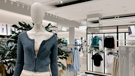 Moscow,Russia 03 14 2024 Clothes magazine shop in Paveletskaya plaza station , man and women modern clothes mannequin shoppingのeditorial素材