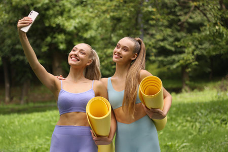 Two young sporty women with yoga mats taking selfie in summer parkの写真素材