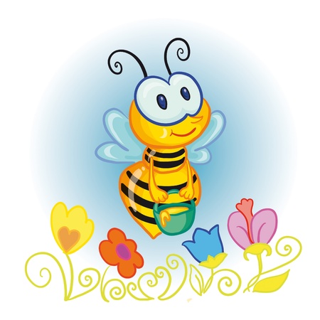 vector illustration - little bee with bucketful of honey over the flowersのイラスト素材