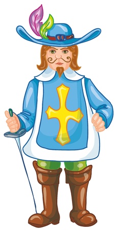 vector illustration- musketeer  in wide-brimmed hat with color feathers and brown high boots, hold rapier in his hand, on white backgroundのイラスト素材