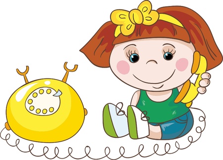 Illustration - Cartoon little girl with yellow telephone on white backgroundのイラスト素材