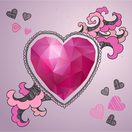 Happy Valentines Day card. Polygonal heart  with the drawn decor. Vector illustrationのイラスト素材