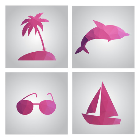 Set of cards in polygonal style. Beach, island, palm tree, boat, points, dolphin, tourism, travel. Vector illustration.のイラスト素材